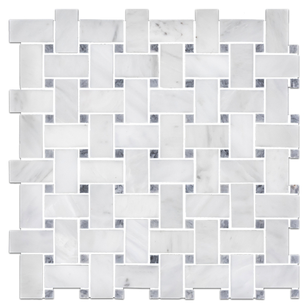 Pearl White Basketweave with 3/8" Pacific Gray Dot Mosaic Polished