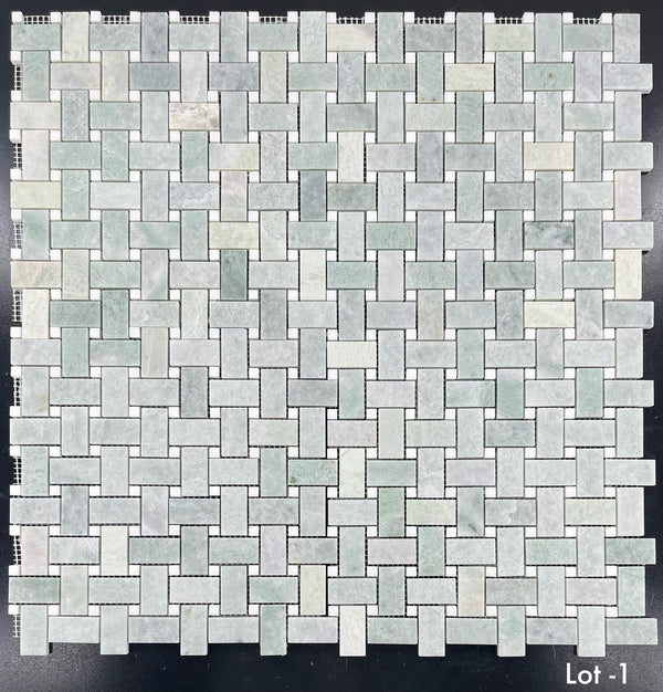 **LIMITED STOCK** Ming Green Basketweave with 3/8" White Absolute Dot Mosaic Honed