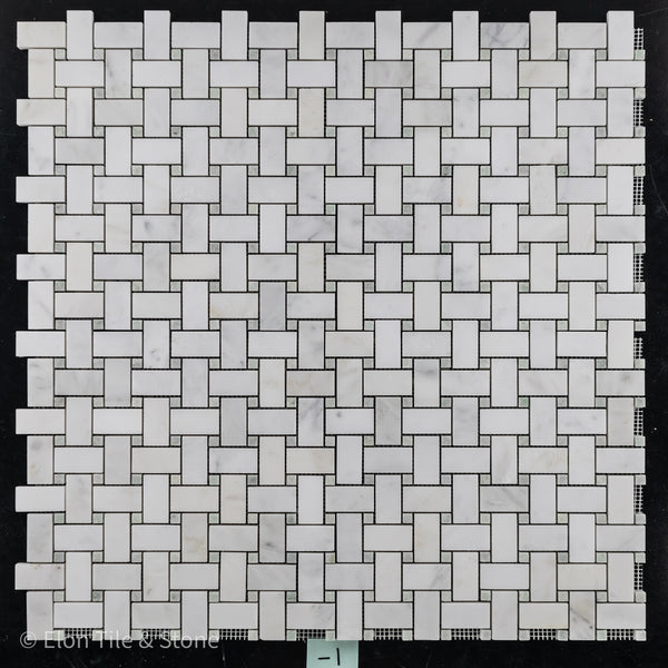 Pearl White Basketweave with 3/8" Emerald Green Dot Mosaic Honed