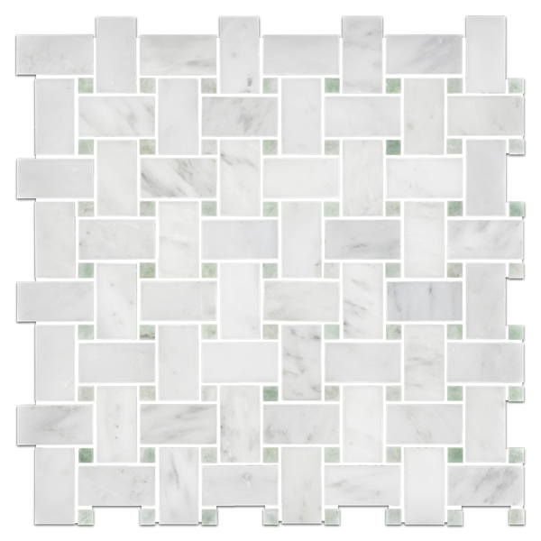 Tejido de cesta blanco perla con mosaico de punto verde Ming de 3/8" pulido