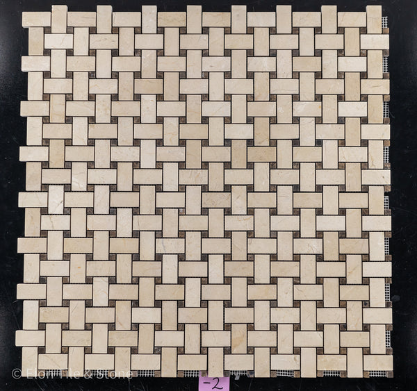**STOCK LIMITADO** Tejido de cesta Crema Marfil con mosaico Dark Emperador Dot de 3/8" pulido