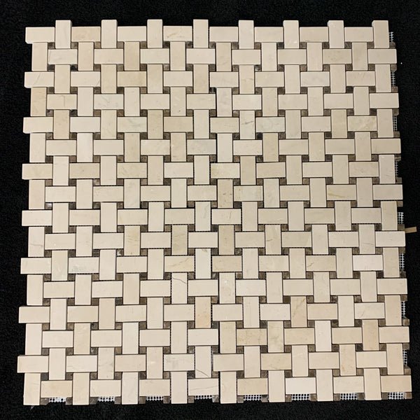 Crema Marfil Basketweave with 3/8" Dark Emperador Dot Mosaic Polished - Elon Tile & Stone