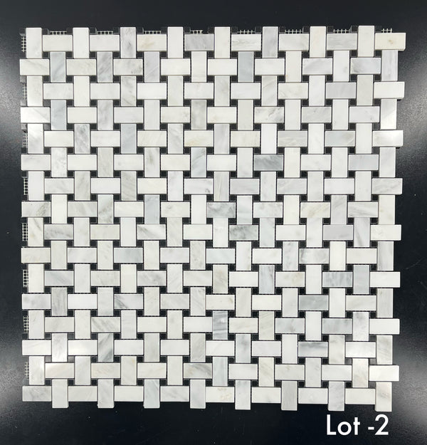 Pearl White Basketweave with 3/8" Black Dot Mosaic Polished - Elon Tile & Stone