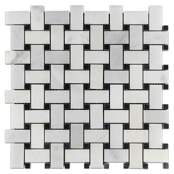 Pearl White Basketweave with Black Dot Mosaic Polished - Elon Tile & Stone