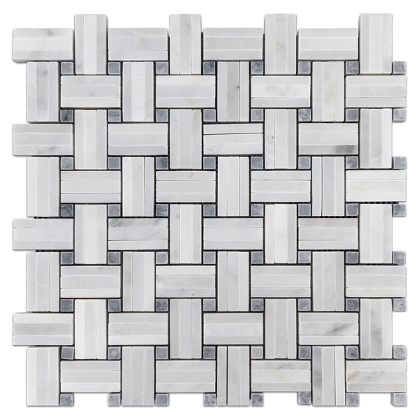 Pearl White Tri-Weave with Pacific Gray Dot Mosaic Honed - Elon Tile