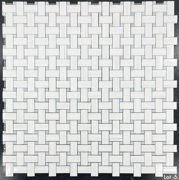 White Thassos Tri-Weave with 3/8" Blue Celeste Dot Mosaic Polished