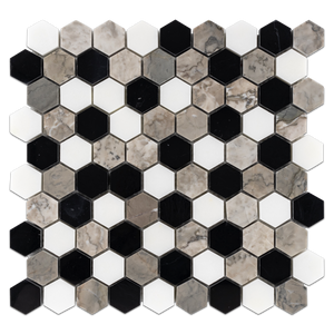 Tri-Blend (Black - White Absolute - Temple Grey) 1 1/4" Hexagon Mosaic Polished - Elon Tile