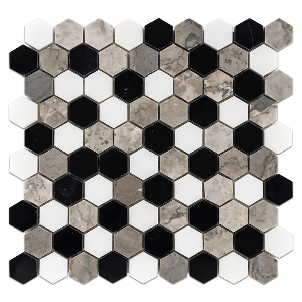 Tri-Blend (Black - White Absolute - Temple Grey) 1 1/4" Hexagon Mosaic Polished - Elon Tile