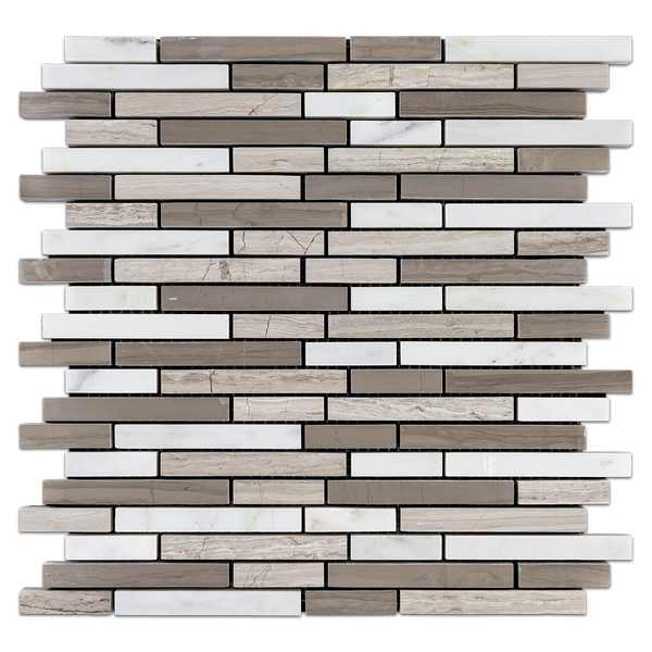 **LIMITED STOCK** Tri Blend - Pearl White/Beachwood/Driftwood Random Strip Mosaic Honed