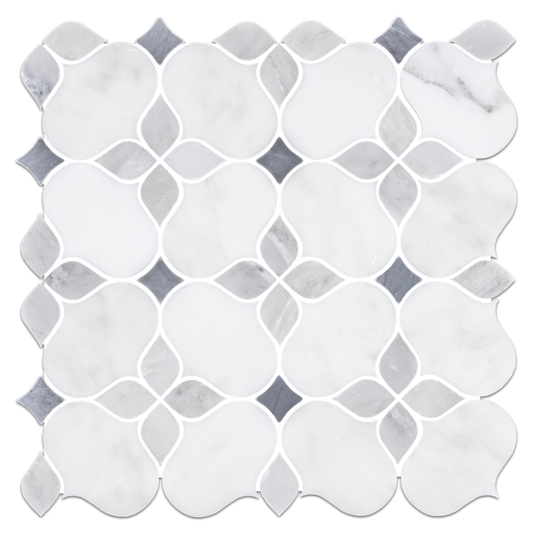 Silueta blanca perla con mosaico gris místico y Bardiglio Nuvolato pulido