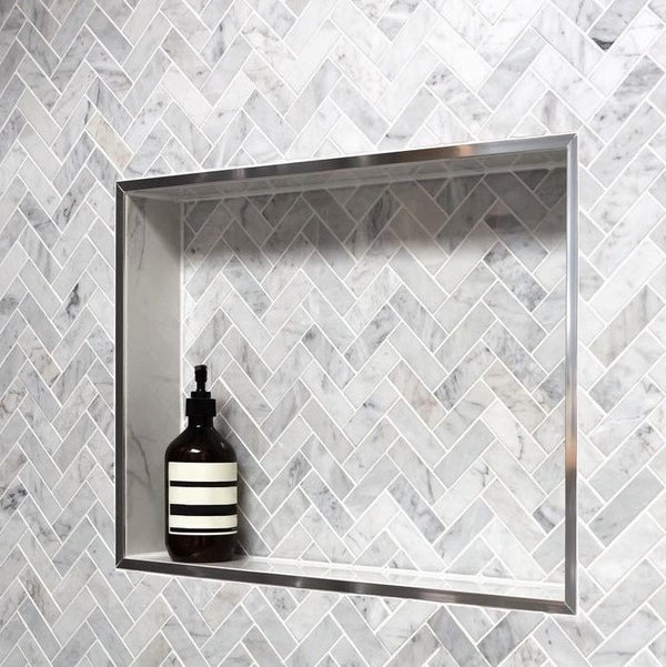 Bianco Carrara 1" x 4" Herringbone Mosaic Polished - Elon Tile & Stone