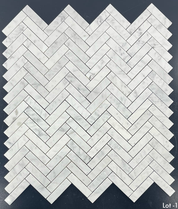 Bianco Carrara 1" x 4" Herringbone Mosaic Polished - Elon Tile & Stone