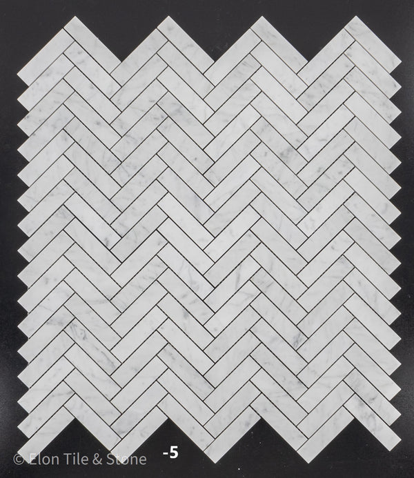 Bianco Carrara 1" x 4" Herringbone Mosaic Polished - Elon Tile & Stone