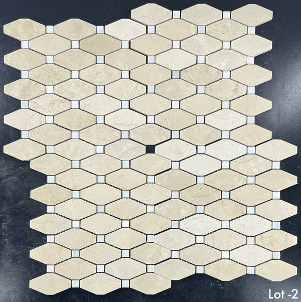 **LIMITED STOCK** Crema Marfil Rhomboid with 5/8" White Absolute Dot Mosaic Honed