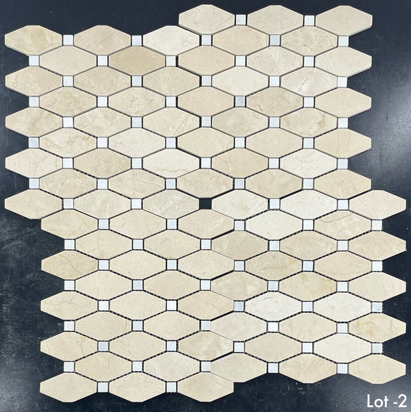 Crema Marfil Rhomboid with 5/8" White Absolute Dot Mosaic Honed