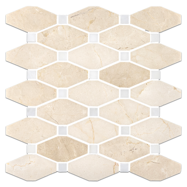 Crema Marfil Rhomboid with 5/8" White Absolute Dot Mosaic Honed