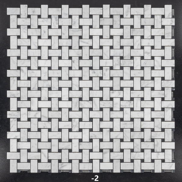 Bianco Carrara Basketweave with 3/8" Black Dot Mosaic Honed