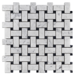 Bianco Carrara Basketweave with 3/8" Black Dot Mosaic Honed - Elon Tile