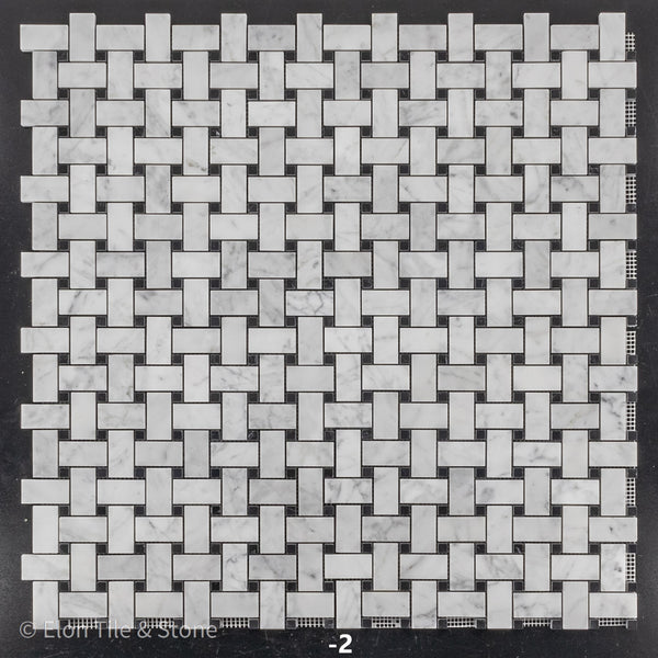 Bianco Carrara Basketweave with 3/8" Black Dot Mosaic Polished - Elon Tile & Stone