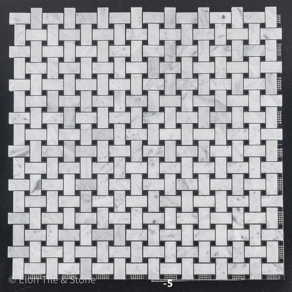 Bianco Carrara Basketweave with 3/8" Black Dot Mosaic Polished - Elon Tile & Stone