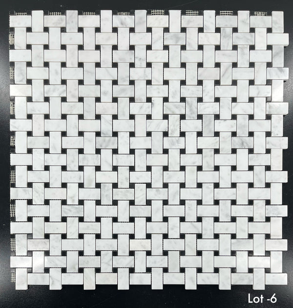 Bianco Carrara Basketweave with 3/8" Black Dot Mosaic Polished - Elon Tile & Stone