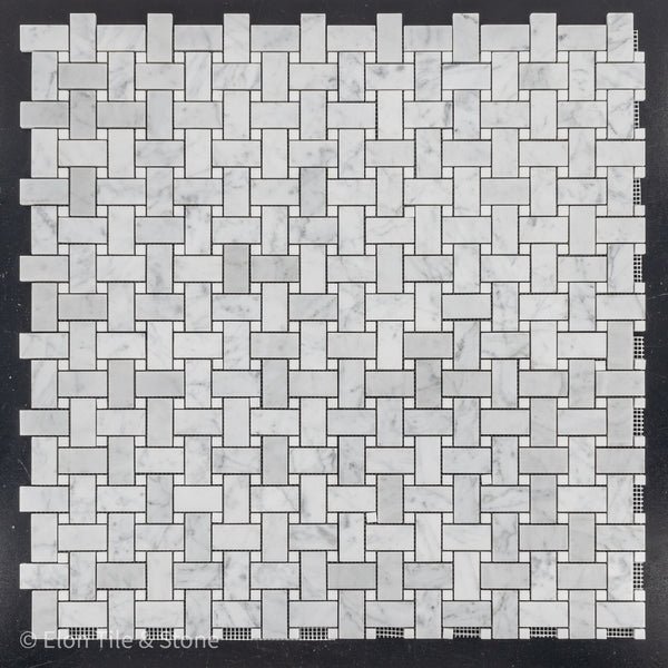 **LIMITED STOCK** Bianco Carrara Basketweave with 3/8" White Thassos Dot Mosaic Polished