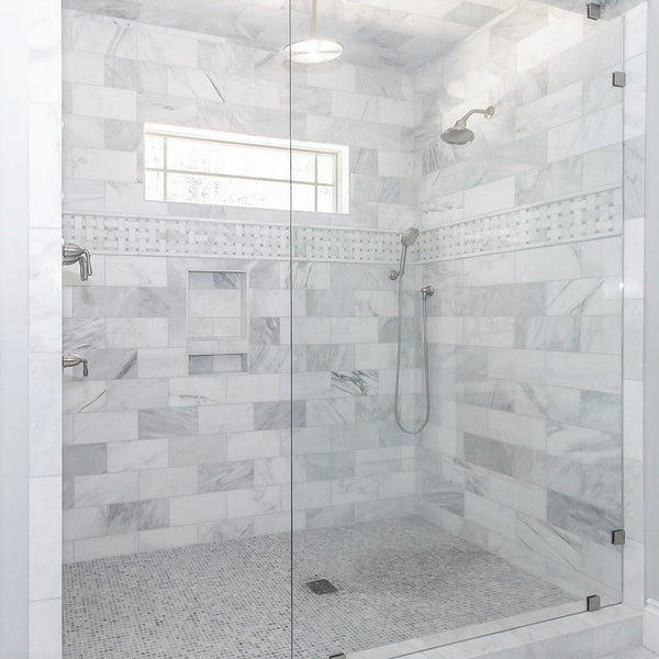 Pearl White Basketweave with 5/8" Pacific Gray Dot Mosaic Honed