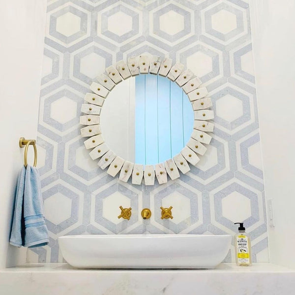 White Absolute Honeycomb with Blue Celeste Mosaic Honed