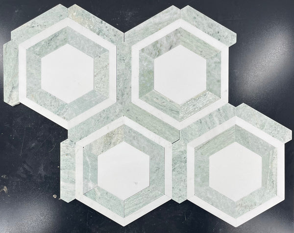 White Absolute Honeycomb with Ming Green Mosaic Honed
