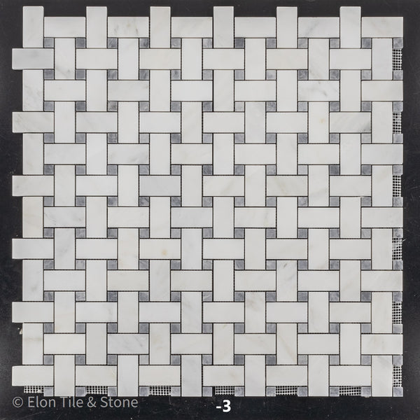 Pearl White Basketweave with 5/8" Pacific Gray Dot Mosaic Honed