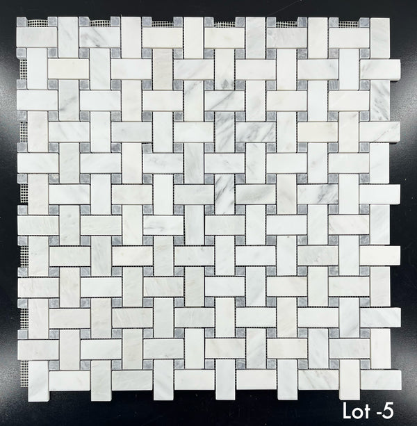 Pearl White Basketweave with 5/8" Pacific Gray Dot Mosaic Honed