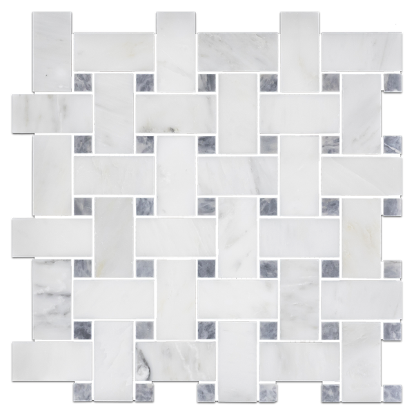 Pearl White Basketweave with 5/8" Pacific Gray Dot Mosaic Honed