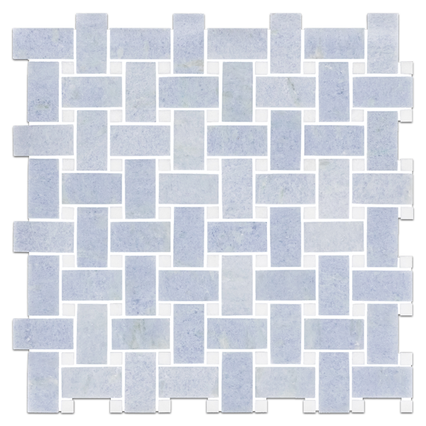 Blue Celeste Basketweave with 3/8" White Thassos Dot Mosaic Polished