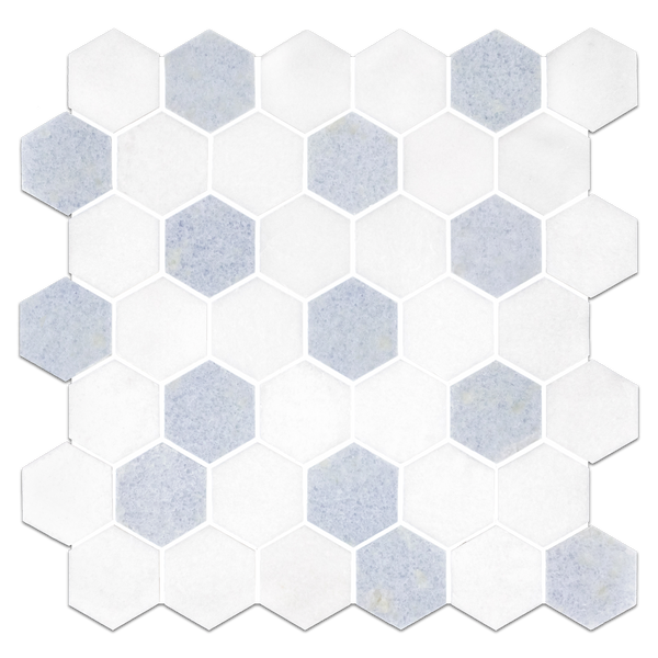 Mosaico hexagonal blanco Thassos y azul Celeste de 2" pulido