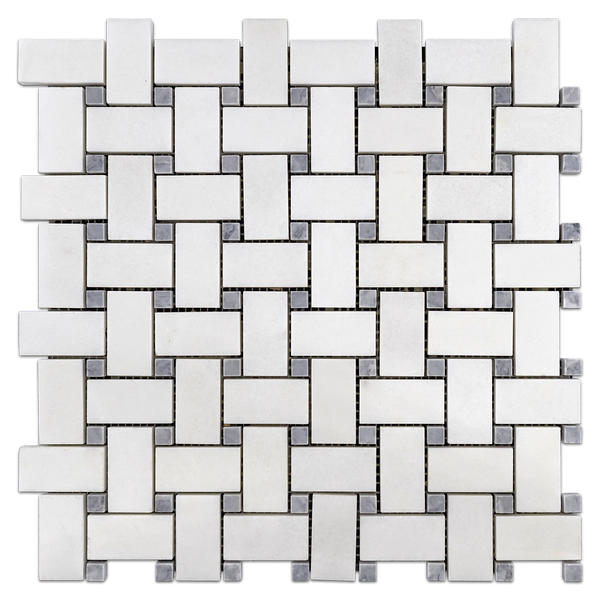 White Thassos Basketweave with 3/8" Pacific Gray Dot Mosaic Honed