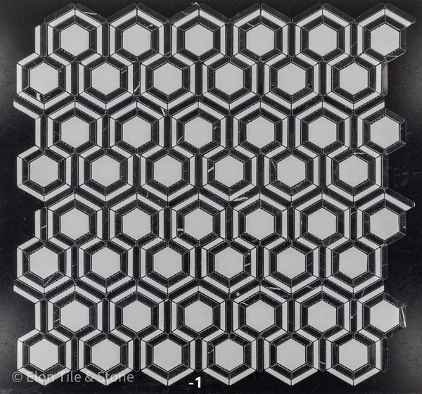 White Thassos Kaleidoscope with Black Mosaic Polished