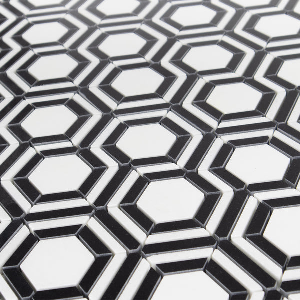 Kaleidoscope White Thassos with Black Mosaic Polished - Elon Tile