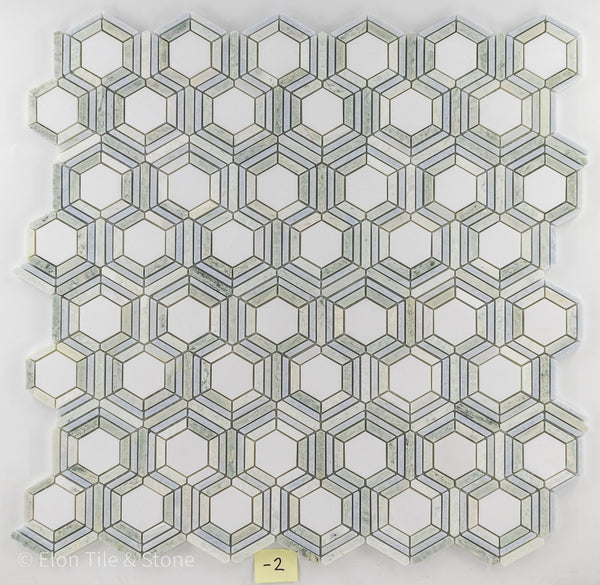 White Thassos Kaleidoscope with Blue Celeste and Ming Green Mosaic Polished