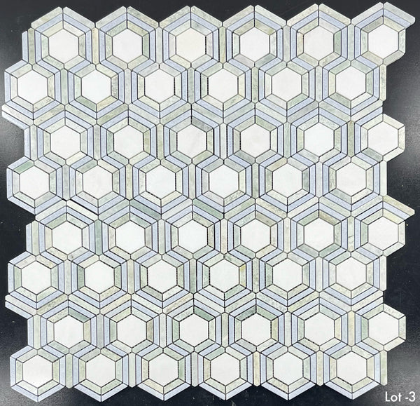 White Thassos Kaleidoscope with Blue Celeste and Ming Green Mosaic Polished