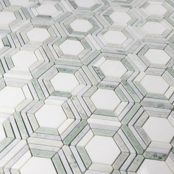 Kaleidoscope White Thassos with Blue Celeste and Ming Green Polished - Elon Tile