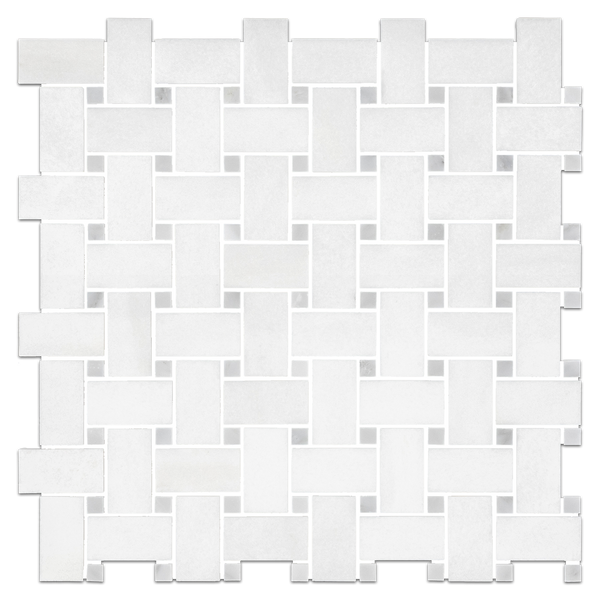 White Thassos Basketweave with 3/8" Mystic Gray Dot Mosaic Polished