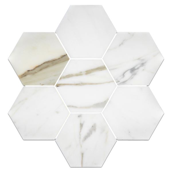 Mosaico hexagonal Calacatta Gold de 5" pulido