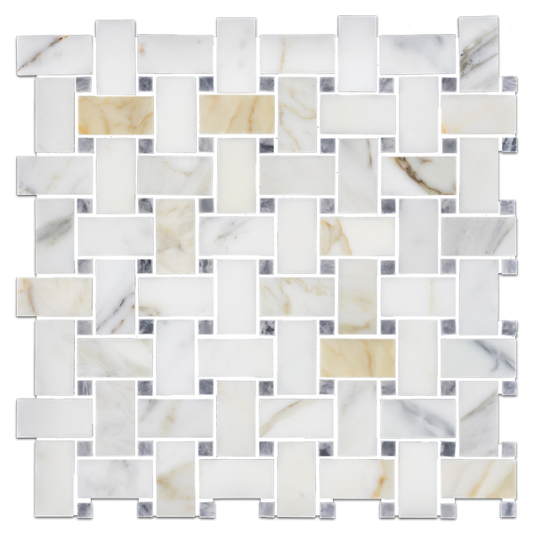 Calacatta Gold Basketweave with 3/8" Pacific Gray Dot Mosaic Honed
