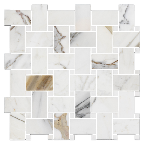Calacatta Gold Extra Large Basketweave with 5/8" White Thassos Dot Mosaic Honed