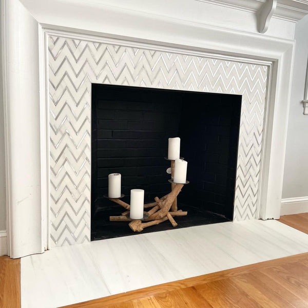 Dolomite Premium 1" x 4" Herringbone with Silver Aluminum Mosaic Honed