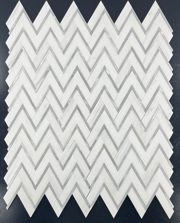 Dolomite Premium 1" x 4" Herringbone with Silver Aluminum Mosaic Honed