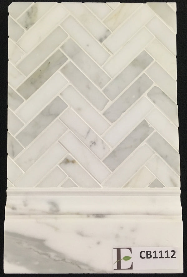 Concept Board Collection - CB1112 - Calacatta 1" x 4" Herringbone Mosaic Polished with Calacatta Base Molding Polished Board - Elon Tile