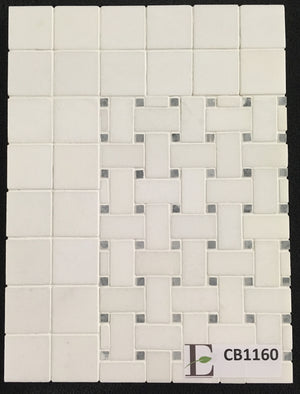 Concept Board Collection - CB1160 - White Thassos Basketweave with 3/8" Pacific Gray Dot Mosaic Polished with White Thassos 2" x 2" Mosaic Polished Board - Elon Tile