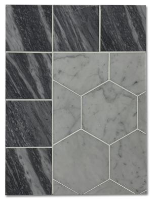 Concept Board Collection - CB1215 - Carrara 5" Hexagon with Bardiglio Nuvolato 4" Border - Elon Tile