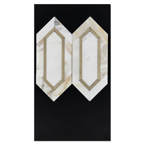 CC67 - Calacatta with Gold Aluminum Mosaic Picket Mosaic Polished Card - Elon Tile